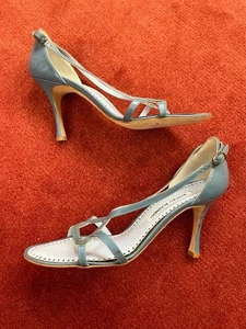 Manolo Blahnik Light Blue Patent Leather Strappy Sandal 3" heels Size 37 1/2 - Picture 1 of 5