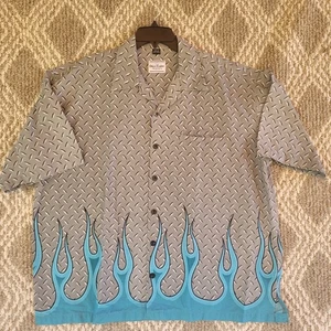David Carey Hemd Herren 2XL Grau Rautenplatte Flammen Kurzarm Knopf Autos - Bild 1 von 7