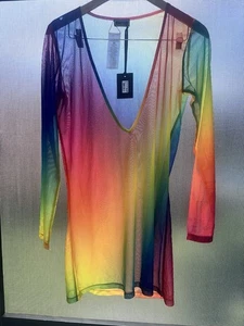 NEU MIT ETIKETT Kurt Geiger London Damen XL Regenbogen transparentes Netzkleid/Überwurf VNeck - Bild 1 von 13