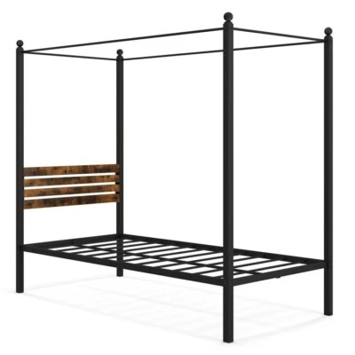 Twin Size Canopy Bed Frame Headboard Heavy-Duty Metal Bed W/ Under Bed Storage - Image 1 of 4