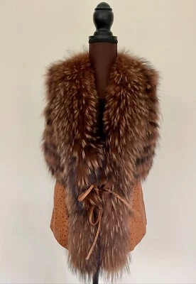 Nuevo Chaleco de Cuero Unisex con Piel de Zorro Teñida Genuina Beige Marrón Chaqueta Abrigo Talla S Foto 1 de 4
