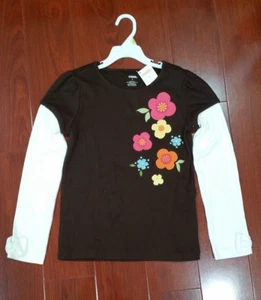 NWT Gymboree Girls Long Sleeve T-Shirt Brown/White with Colorful Flowers & Gems - Picture 1 of 1