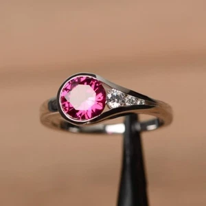 925 Sterling Silver Pink Ruby Ring Lab Created Round Gemstone Women Ring - Picture 1 of 5