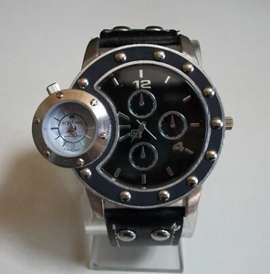 Men's Silver Finish Fashion 2 Time Zone (Dual Time) Leather Band Casual Watch - Picture 1 of 6