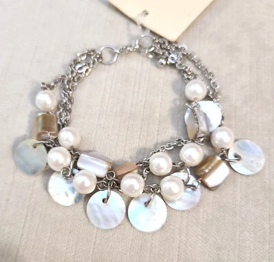 Brazalete Multicadena Coldwater Creek Tono Plateado Nácar y Concha Nuevo con Etiquetas Foto 1 de 4