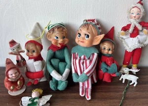 Vintage Christmas Knee Hugger Elf Japan Red Green White Lot Ornaments Misc - Picture 1 of 23