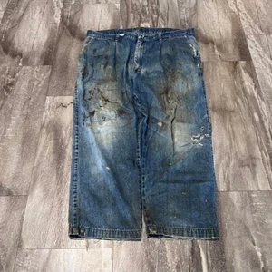 Vintage Thrashed Distressed Painted Pleated Denim Blue Jeans 80s Mens Size 40 - Picture 1 of 6