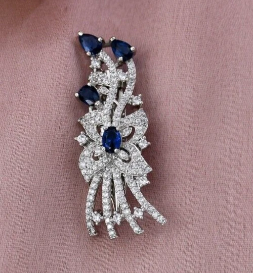 11.30CT Blue & White Sapphire In 935 Silver Women's Engagement Dress Brooch Pin - Image 1 of 4