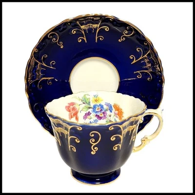 Juego de platillos para taza de té floral azul cobalto Aynsley England Bone China borde dorado real Foto 1 de 4