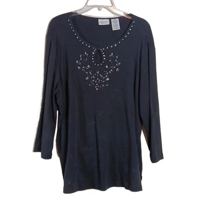 White Stag Blouse Women’s 16W Plus Black Beaded Embroidered Keyhole 100% Cotton - Image 1 of 4