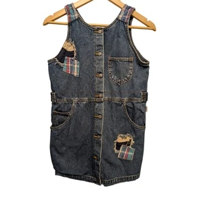 Espirit Denim Overall Dress Girl's Size M Patchwork Distressed Button Front 90s - Picture 1 of 4