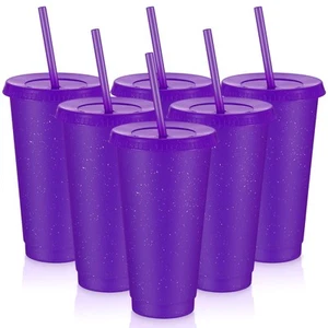 6 Pcs Reusable Tumbler with Lids and Straws Plastic Iced Coffee Tumbler Glitter - Picture 1 of 6