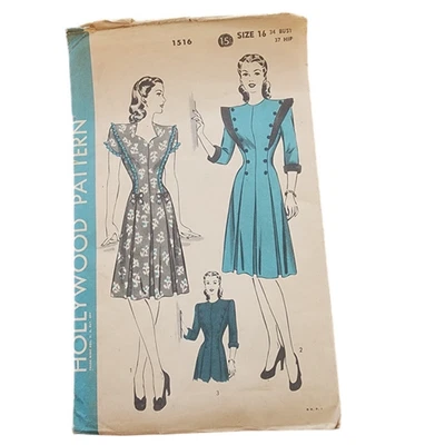 Vintage 1940s Sewing Pattern ORIGINAL:  One-Piece Dress Hollywood 1516 Bust 34 - Image 1 of 4