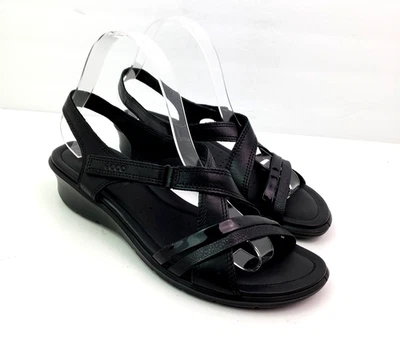 Ecco Felicia 女式 EU 40 US 9-9.5 黑色皮革绑带楔形凉鞋 — 第 1/4 张图片