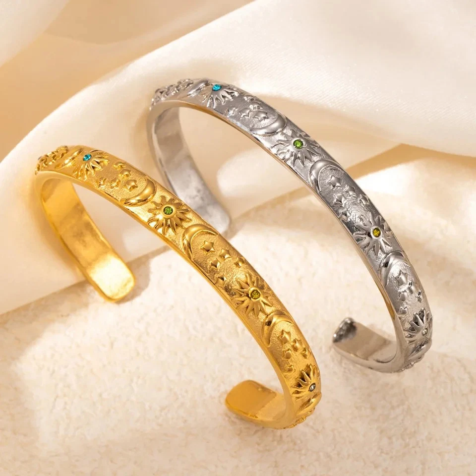 Brazalete Brazalete Estrella Luna Sol Dorado Tono Plata Puño Abierto De Colección Mujer Joyería Foto 1 de 4