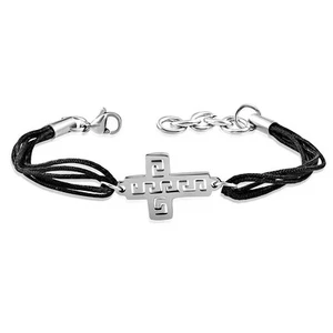 Cross Crucifix Silver Stainless Steel Black Polyester Bracelet Wristband - Picture 1 of 3