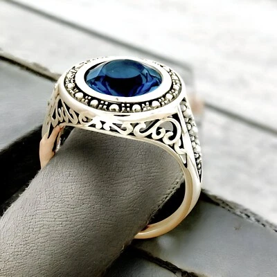 ANILLO DE PLATA ESTERLINA 925 ESTILO ANTIGUO PERLA TOPACIO AZUL LONDRES GENUINO 3 quilates #289 Foto 1 de 3