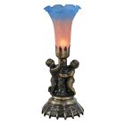 Meyda Lighting 13'H Twin Cherub Pond Lily Mini Lamp, Pink Blue - 11098