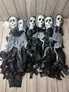 Set Of 6 Hanging Halloween Skull Decorations With Tattered Cloth - Picture 1 of 6