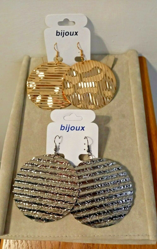 ORECCHINI DONNA PENDENTI CERCHIO GRANDI MARTELLATI VINTAGE ANNI 80 ORO ARGENTO  - Immagine 1 di 1