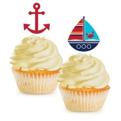 Ahoy Matey Nautical Cupcake Toppers 12 Per Pack Boy Baby Shower Decorations - Image 1 of 3