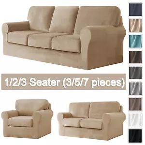 1/2/3 Sitzer Samt Stretch Sofa Schonbezug mit Kissen & Rückenlehnenbezug - Bild 1 von 109