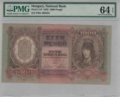 HUNGARY 1943 Magyar Nemzeti Bank. 1000 Pengo,. P-116. PMG Uncirculated 64 EPQ - Image 1 of 2