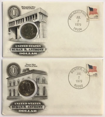 1979 Philadelphia & Denver Susan B Anthony Dollar First Day Cover FDC Set - Image 1 of 4