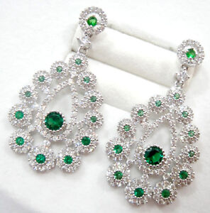 Lab Created Green Emerald  Chandelier Earrings Luxurious 925 W/G plated