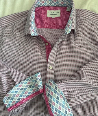 Camisa Ted Baker Resistencia Hombres 16 32/33 Rosa Tejida Cuadros Puños Abatibles Abotonada Foto 1 de 4
