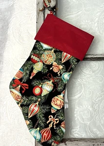 Handmade Christmas Stocking Glitter Old World Ornaments w Red Shimmer Fabric - Picture 1 of 2