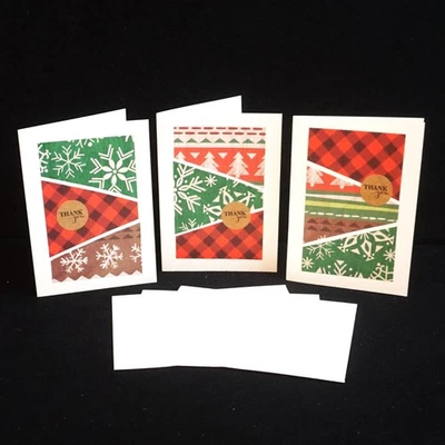3 Country Lodge Winter Print Handmade Thank You Cards Horizonal Patch Work - Image 1 of 4