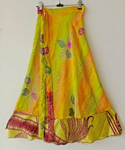 Vintage Sari Magic wrap Skirt Multicolor Bohemian Double Layer skirt Hippie - Picture 1 of 7