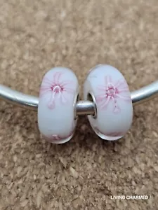 Lotto 2 Perline Ciondolo Murano Argento Sterling 925 Rosa Fiore Bianco Vetro - Foto 1 di 3
