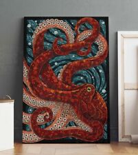 Red Octopus Mosaic Print Asian Wall Art Kraken canvas or poster room home decor