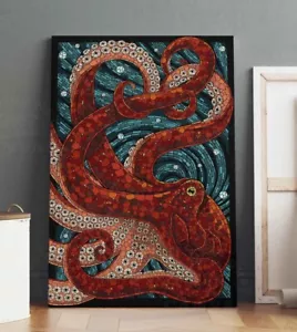 Red Octopus Mosaic Print Asian Wall Art Kraken canvas or poster room home decor - Picture 1 of 14