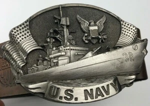 VINTAGE Bergamot Brass Works 1981 UNITED STATES NAVY BELT BUCKLE w/ Leather Belt - Picture 1 of 12