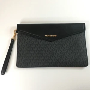 Michael Kors Envelope Clutch Wristlet Bag Wallet Maisie Jet Set Black Gold Strap - Picture 1 of 24