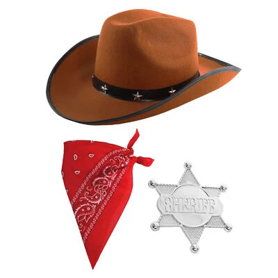 CHILD COWBOY FANCY DRESS COSTUME BROWN HAT BANDANA BADGE BOOK DAY WILD WEST - Image 1 of 4
