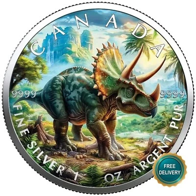 2025 1OZ Silver Canada Triceratops Dinosaur Colorized Color Cert ONLY 100 #86 - Image 1 of 4