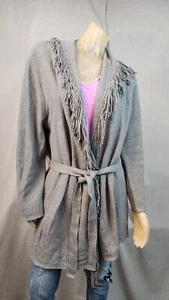 USED J Jill Petite LARGE Gray Waffle wFringe Design Knit Cardigan Sweater Womens - Picture 1 of 6