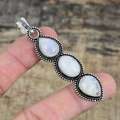 Pietra Lunare Arcobaleno Artigianale 925 Argento Sterling Ciondolo Gioielli Per - Immagine 1 di 4