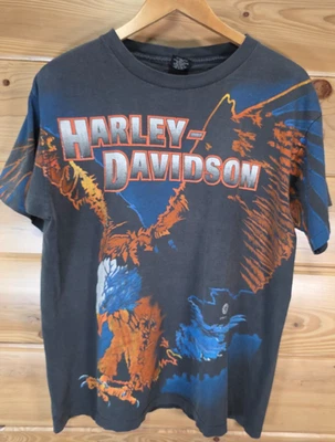 Harley Davidson Eagle All Over Print T Shirt Men Large 1995 AOP Fade Distress - Image 1 of 4
