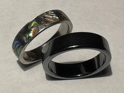 Carcasa de abulón y acero inoxidable, anillos de hematita, tamaño 10 Foto 1 de 4