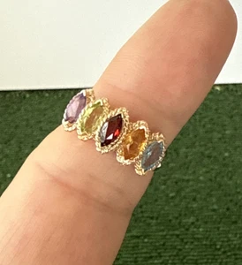 10K Sign Solid Yellow Gold Multi Colored Gemstone Cocktail Ring ,Size 7.25 Mint - Picture 1 of 8