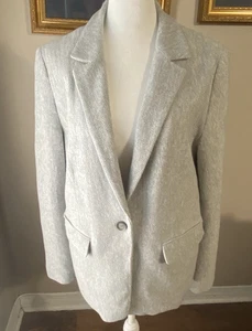 Loft Women's Blazer Size 14 Gray Herringbone Cotton Jacket Elbow Patches Lined - Picture 1 of 12