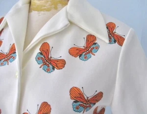 Blusa de Colección Años 60 70 Mod Blanco Polietilado Naranja Mariposas Botones Smock Top M - Imagen 1 de 5