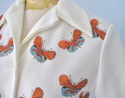 Vtg 60s 70s Mod White Poly Knit Orange Butterflies Button Blouse Smock Top M - Image 1 of 4