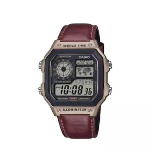 Casio AE-1200WHL-5A Digital World Time Brown Leather Band Men's Retro / Tracking - Picture 1 of 3