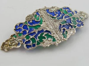 EMBOSSED FLORAL SILVER PLATE & ENAMEL BLUE/GREEN BELT BUCKLE - Picture 1 of 1